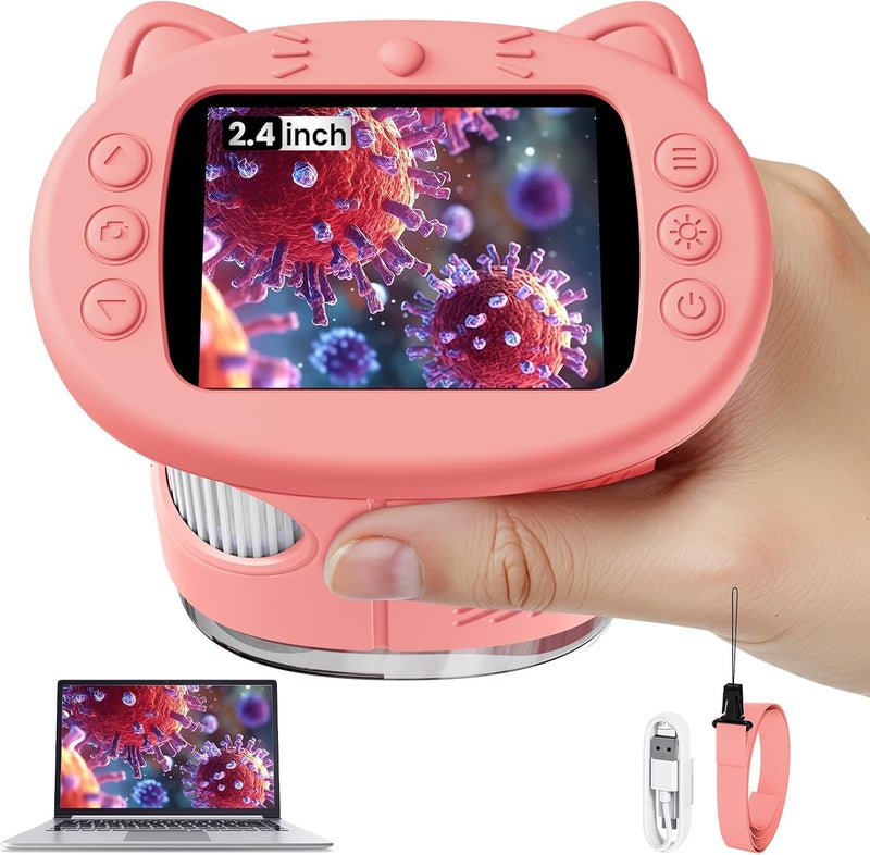 Vorth Microscope for Kids, 2.4 Inch Digital Microscope with 1000X Magnification, Handheld Camera Mini Pocket Magnifying Glass, Educational Christmas Birthday Gifts Toys for Ages 3+, Pink - Image 1